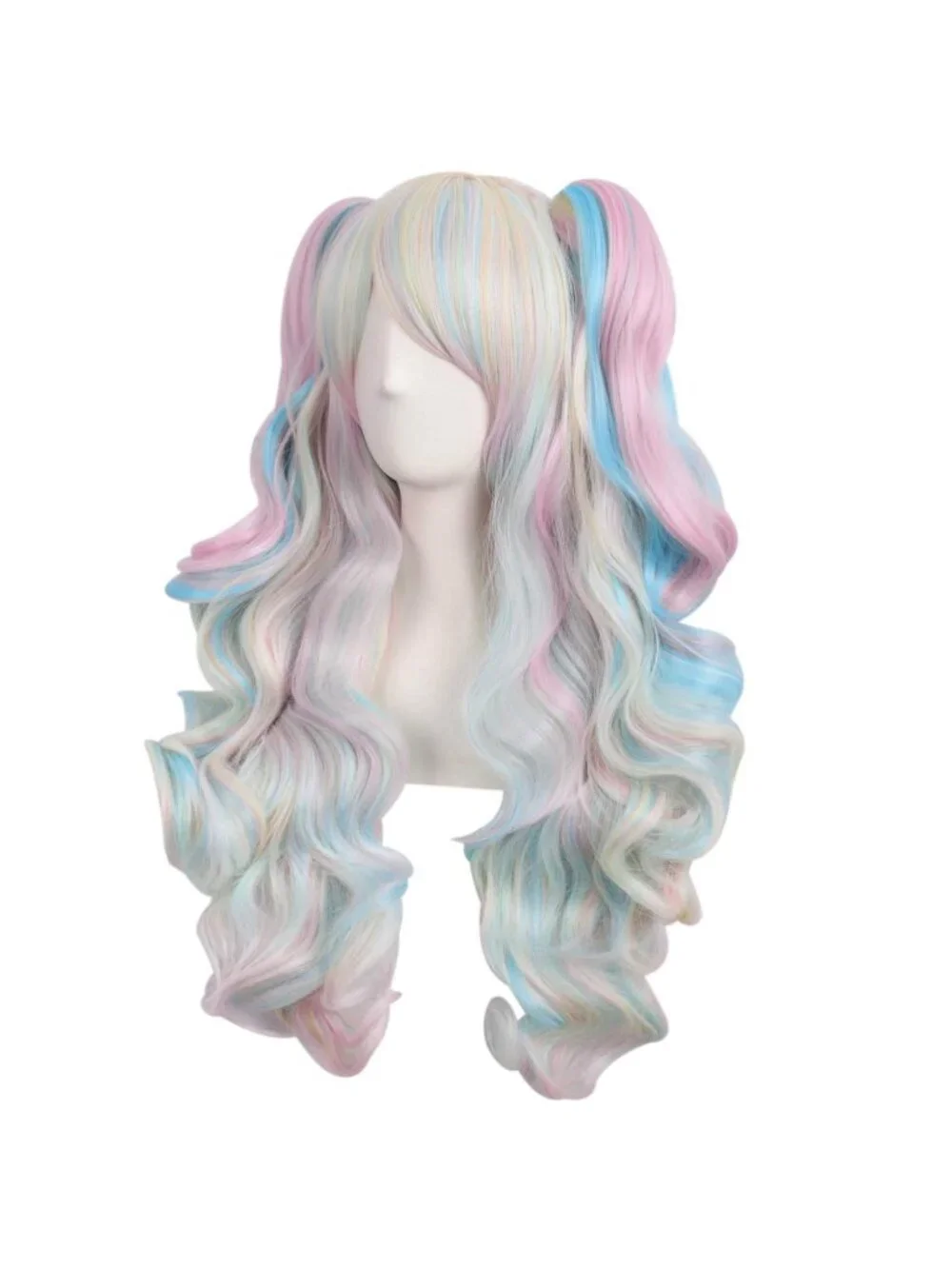 Women Pink Blue Blonde Synthetic Lolita Long Curly Clip On Ponytails Cosplay Wig